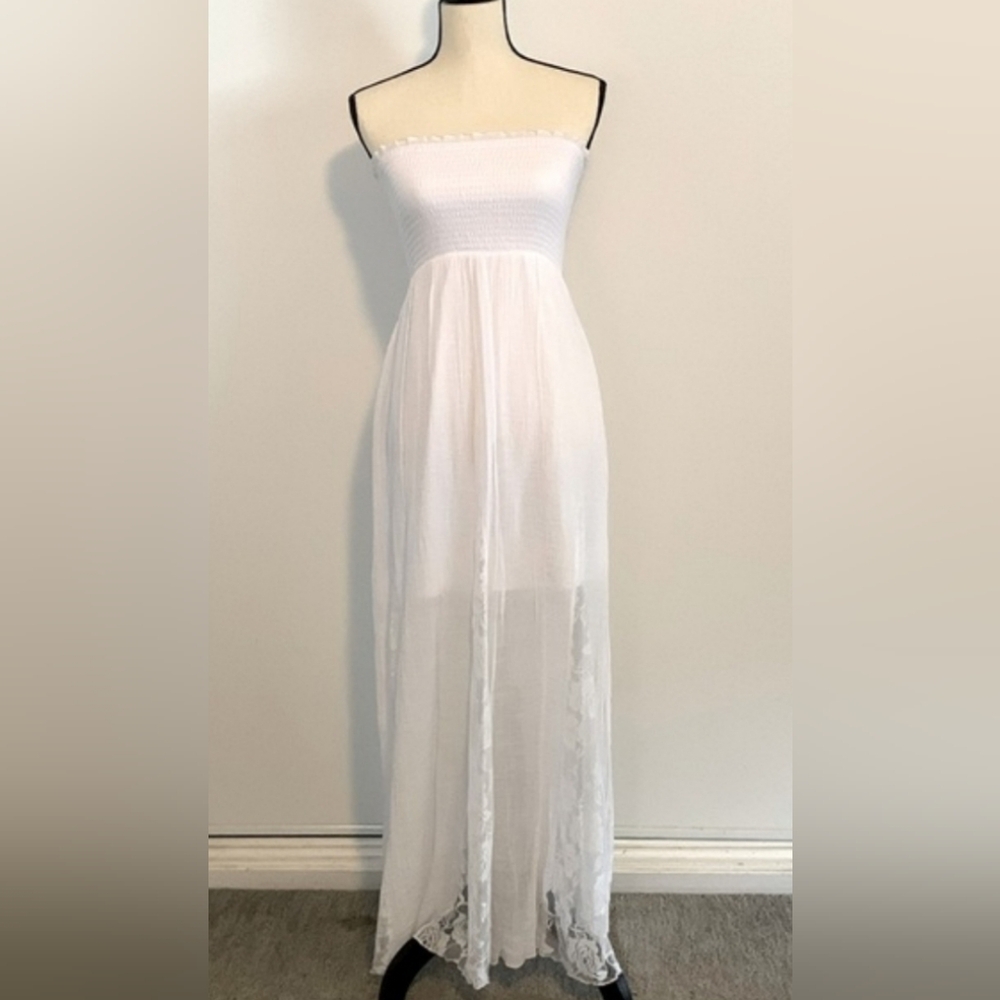 Guaze & Lace White Maxi Dress Smocked Bodice, Size Medium - Picture 2 of 5